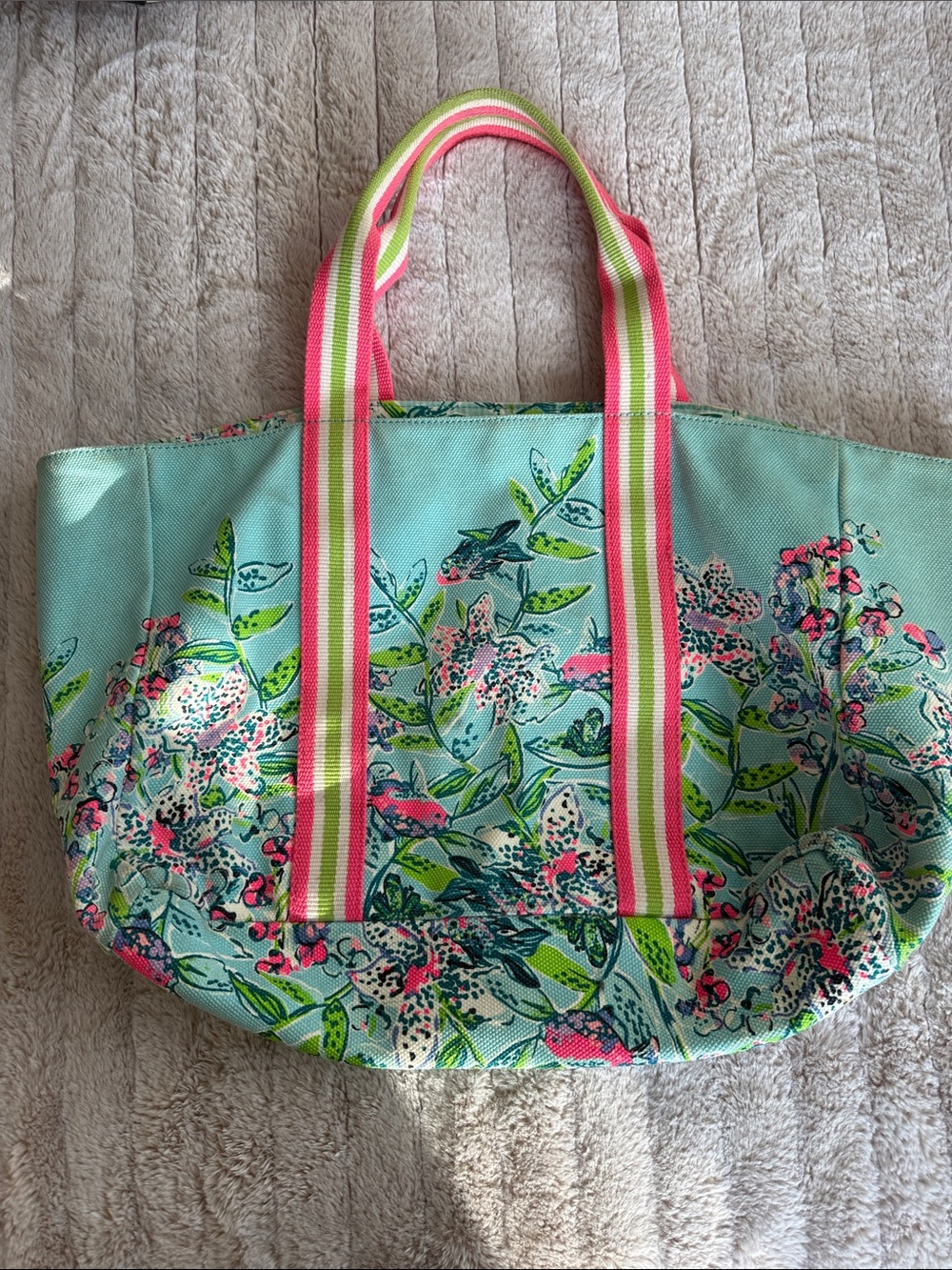 Floral Pattern Mint Canvas Tote Bag with Pink Striped Handles Lily Pulitzer